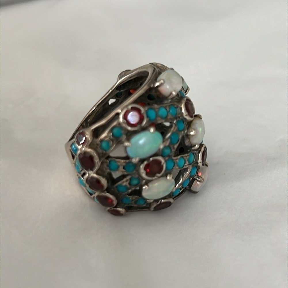 Garnet , Opal, Turquoise Silver Ring - image 2